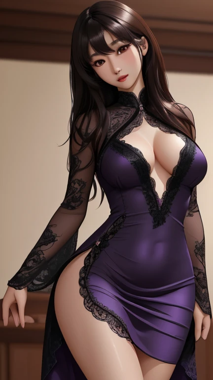 Masterpiece ,ultra detailed ,8k resolution ,relistic ,solo, beautiful Asian woman, long curly black-brown hair, facing the side, face looking at the viewer, wearing a tight purple dress, dress open, black lacy CD visible, medium .