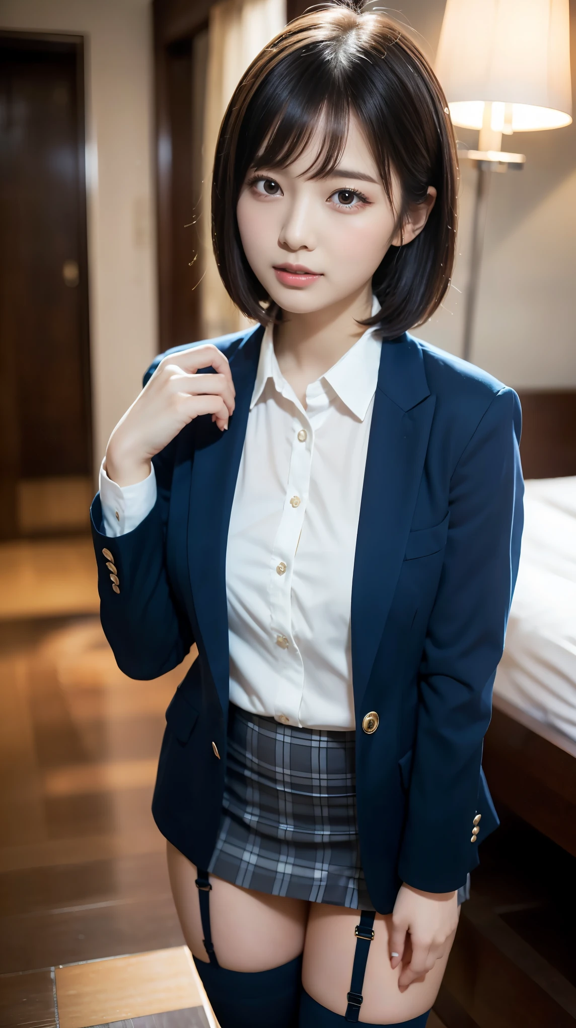 (8k, RAW Photos, highest quality, masterpiece:1.2), masterpiece, highest quality, shape, Very detailed, Fine details, High resolution, 8k,wallpaper, Perfect dynamic composition,(High quality with attention to detail, Realistic depiction of eyes:1.3), ((2 girls, Two high school girls)), The background is a room in a luxury hotel、 uniform、blazer 、Super Short Check Uniform Skirt、Navy blue knee-high socks、garter belt、Huge 、Disheveled uniform, Play with each other,Touching each other's bodies,Touching the body of the girl next door, Short Bob Hair, Black hair color, Hugeな胸, Big Natural Color Lip, Bold sexy pose, (Perfect shape), Crying a little、Cold Stare, Beautiful Makeup,Glitter makeup,The cutest 18 year old, Beautiful legs, Carving an idol pose, Voluptuous thighs, BREAK ceremony,((Random sexy poses、put in、Deep joy, Ecstatic eyes:1.2)), ((I gasp hard:1.2))、Ecstatic face、Climax expression, My whole body is convulsing, Skirt lifts