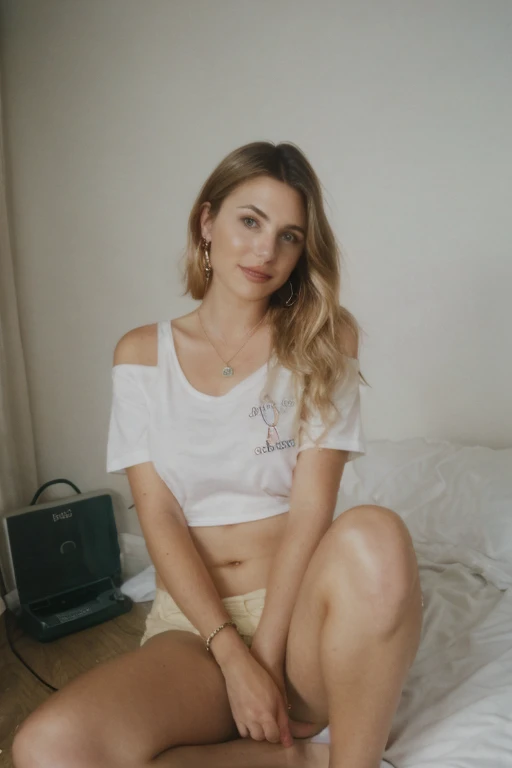 25 year old girl, (Kaley Cuoco:0.8), (Camilla Belle:0.9), (eugenie bouchard), beauty, beautiful girl, seductive smirk , in dorm room,,polaroid 600 instant camera,voyeur boudoir photography, ehoop earrings, a wire thin necklace, wire thin bracelets, wind blown hair, shorts, oversized T-shirt, crouching, laying on n the floor, arm raised