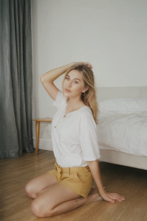  25 year old girl, (Kaley Cuoco:0.8), (Camilla Belle:0.9), (eugenie bouchard), beauty, beautiful girl, seductive smirk , in dorm room,,polaroid 600 instant camera,voyeur boudoir photography, ehoop earrings, a wire thin necklace, wire thin bracelets, wind blown hair, shorts, oversized T-shirt, crouching, laying on n the floor, arm raised