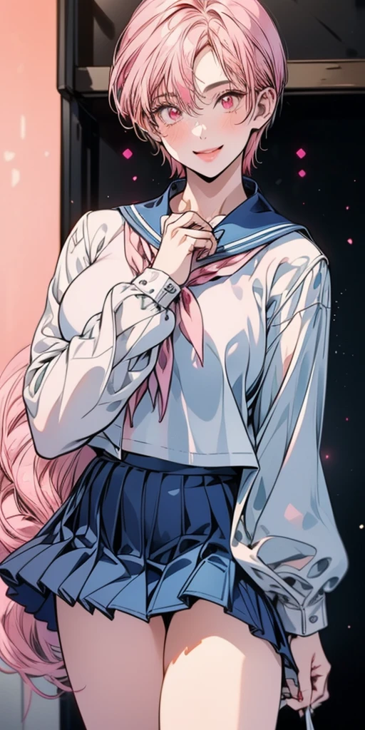 long hair, bangs, pink hair, hair bow, red bow (pink eyes:1.5), smile, shirt, long sleeves, school uniform, sailor collar, neckerchief, yellow neckerchief, shirt, blue shirt, blue sailor collar (blue skirt:1.5), indoors classroom, looking at viewer (cowboy shot:1.5) (masterpiece:1.2) best quality, high resolution, unity 8k wallpaper (illustration:0.8) (beautiful detailed eyes:1.6) extremely detailed face, perfect lighting, extremely detailed CG (perfect hands, perfect anatomy)