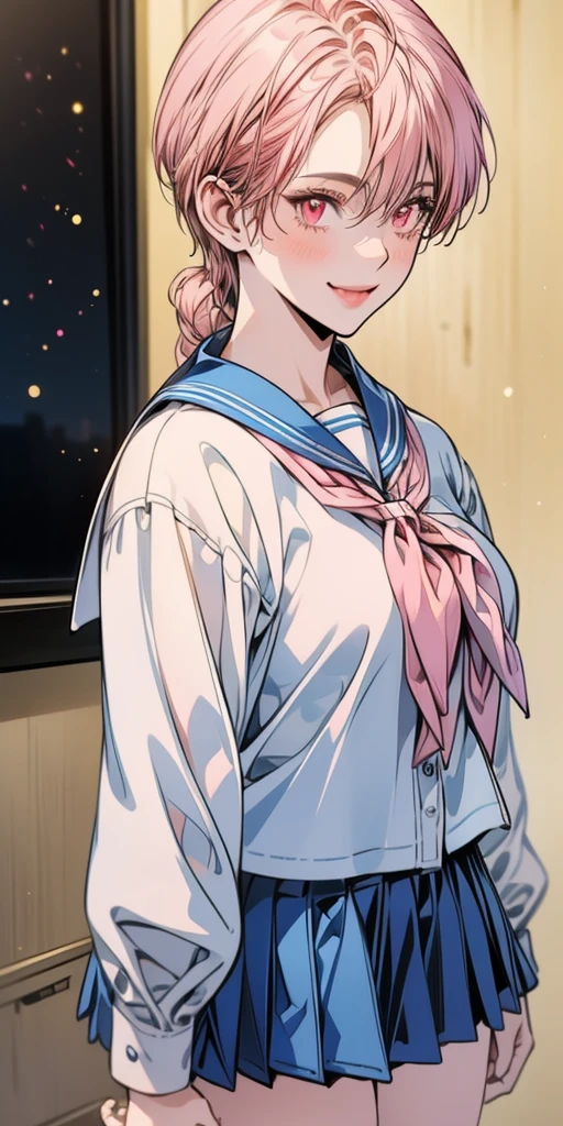 long hair, bangs, pink hair, hair bow, red bow (pink eyes:1.5), smile, shirt, long sleeves, school uniform, sailor collar, neckerchief, yellow neckerchief, shirt, blue shirt, blue sailor collar (blue skirt:1.5), indoors classroom, looking at viewer (cowboy shot:1.5) (masterpiece:1.2) best quality, high resolution, unity 8k wallpaper (illustration:0.8) (beautiful detailed eyes:1.6) extremely detailed face, perfect lighting, extremely detailed CG (perfect hands, perfect anatomy)