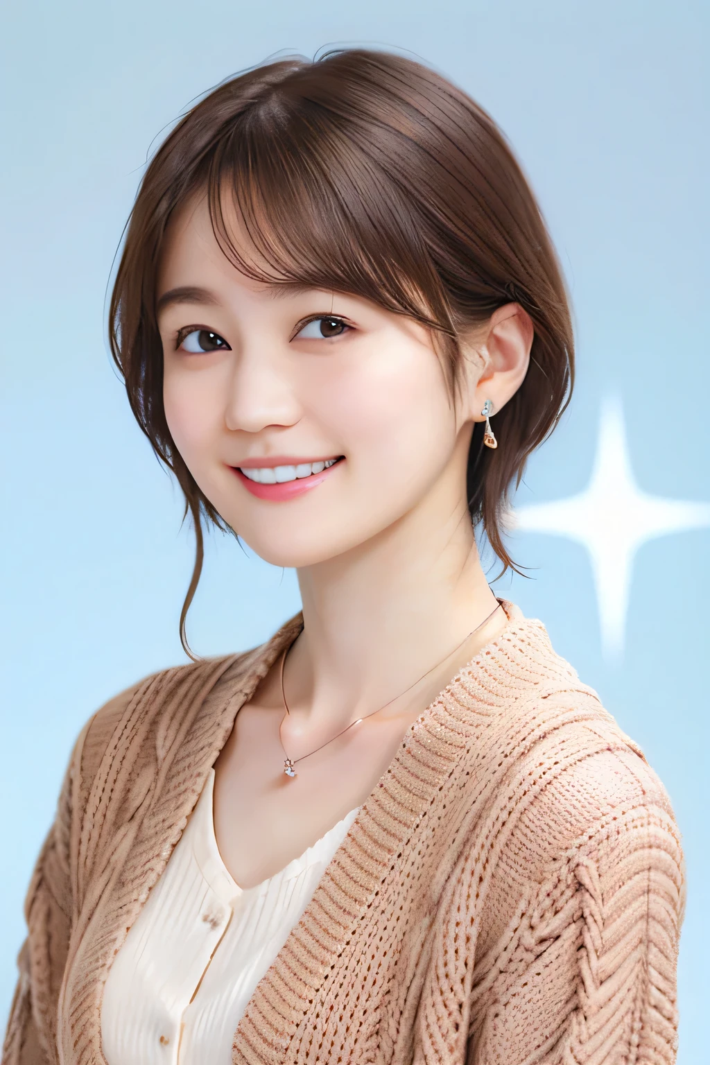 205  ((short hair)), 20-year-old female, In underwear、Put on a cardigan、 A refreshing smile、Open your mouth、Beautiful teeth alignment、Brown Hair、ear piercing、Necklace around the neck、Dynamic Angle