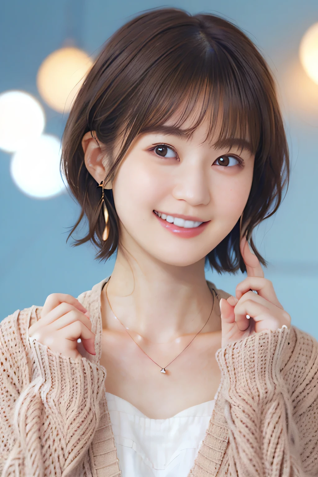 205  ((short hair)), 20-year-old female, In underwear、Put on a cardigan、 A refreshing smile、Open your mouth、Beautiful teeth alignment、Brown Hair、ear piercing、Necklace around the neck、Dynamic Angle