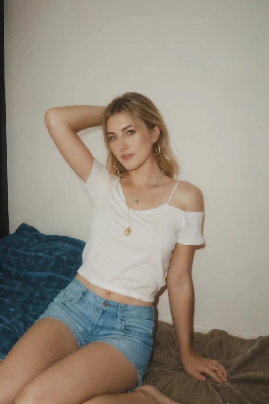25 year old girl, (Kaley Cuoco:0.8), (Camilla Belle:0.9), (eugenie bouchard), beauty, beautiful girl, seductive smirk , in dorm room,,polaroid 600 instant camera,voyeur boudoir photography, elegant poses, hoop earrings, a wire thin necklace, wire thin bracelets, wind blown hair, shorts, oversized T-shirt, crouching, laying on n the floor, arm raised
