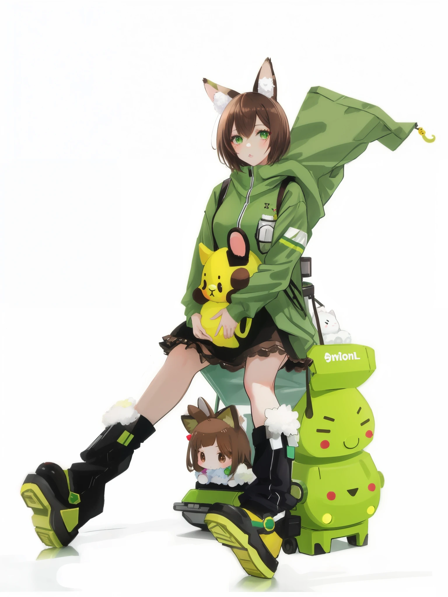 (brown hair swept bangs:1.3), a close up of a person sitting on a pile of stuffed animals, kemonomimi, cute fumo plush bunny girl, perfect android girl family, ball jointed doll, green clothes, casual green clothing, portrait a woman like reol, green clothing, android heroine, insect trainer girl, shikamimi, anime robotic mixed with organic, acid pixie