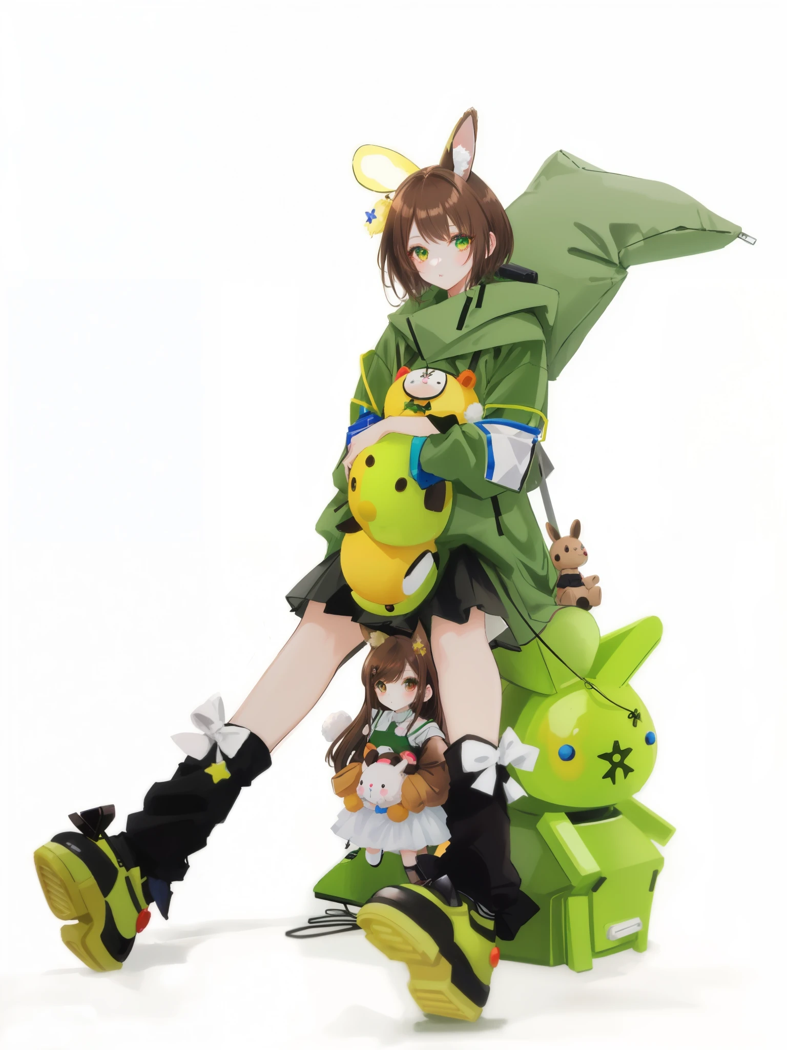 (brown hair swept bangs:1.3), a close up of a person sitting on a pile of stuffed animals, kemonomimi, cute fumo plush bunny girl, perfect android girl family, ball jointed doll, green clothes, casual green clothing, portrait a woman like reol, green clothing, android heroine, insect trainer girl, shikamimi, anime robotic mixed with organic, acid pixie