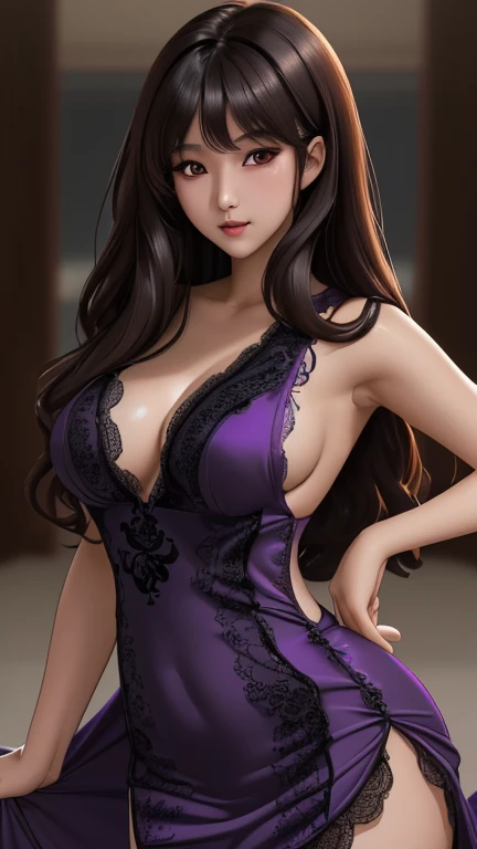 Masterpiece ,ultra detailed ,8k resolution ,relistic ,solo, beautiful Asian woman, long curly black-brown hair, facing the side, face looking at the viewer, wearing a tight purple dress, dress open, black lacy CD visible, medium breasts.