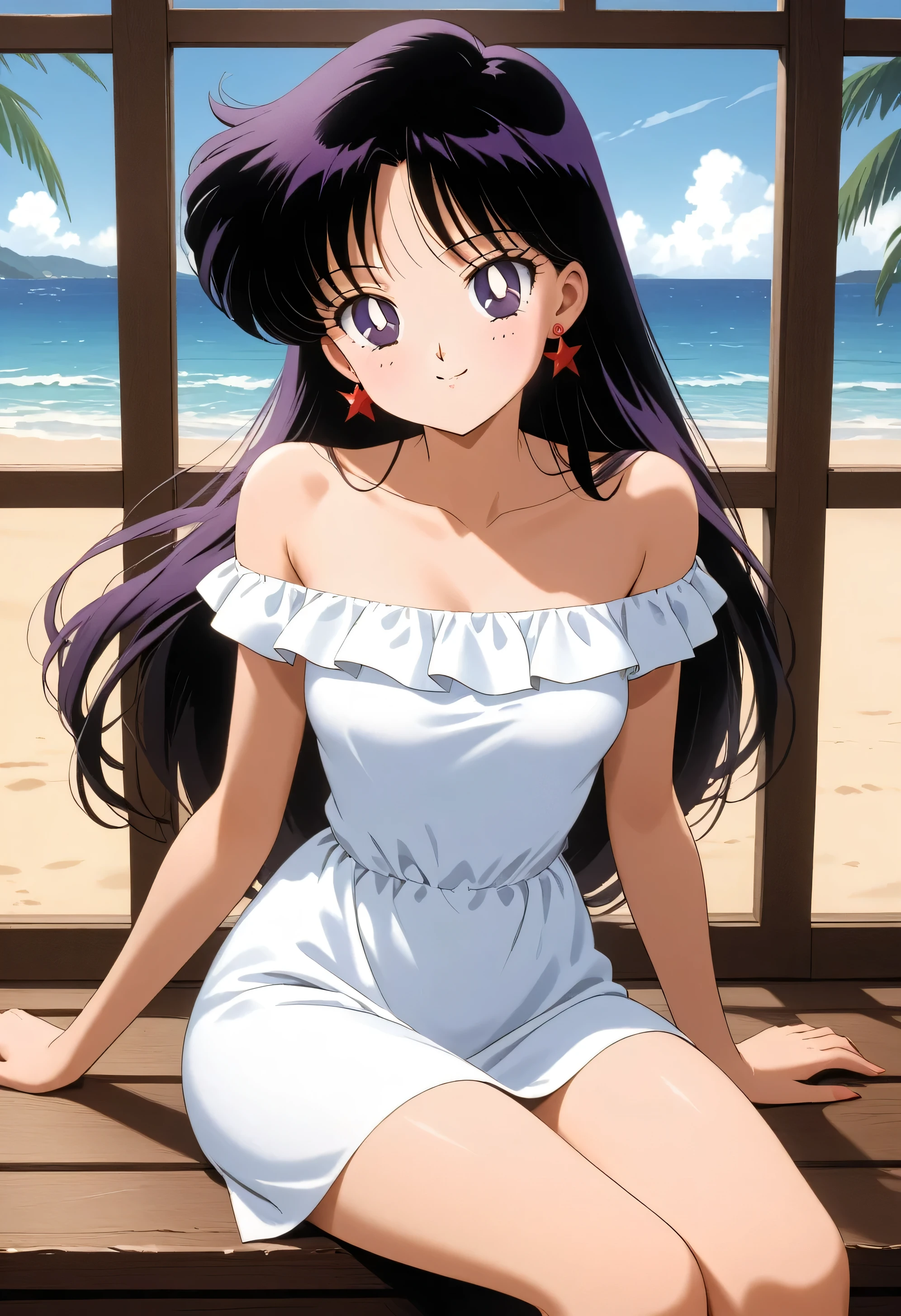 aamars, very long hair, black hair, parted bangs, purple eyes, 1990s \(style\), 1 girl, solo, Best quality, masterpiece, High Definition, Good hands at sides, Smile, Blushing, Bare Neck, Bare Arms, Bare Shoulders, short sleeve, Strapless, White Ruffle Off-the-Shoulder Top, White Off-the-shoulder Dress, White maxi dress, sitting on a red soft chair next to the windowsill, The windowsill has an arched top and is divided into pane, with one side partially open, revealing a view of ocean and the beach view.
