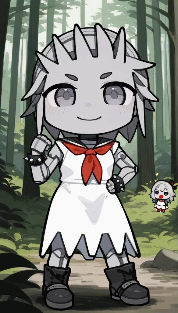 score_9, score_8_up, source_anime, masterpiece, best quality, BREAK 1girl, chibi, grey metallic skin, smile, white dress, grey long spiked metallic hair, grey eyes, black boots, black wristband, red neckerchief, forest, absurdres