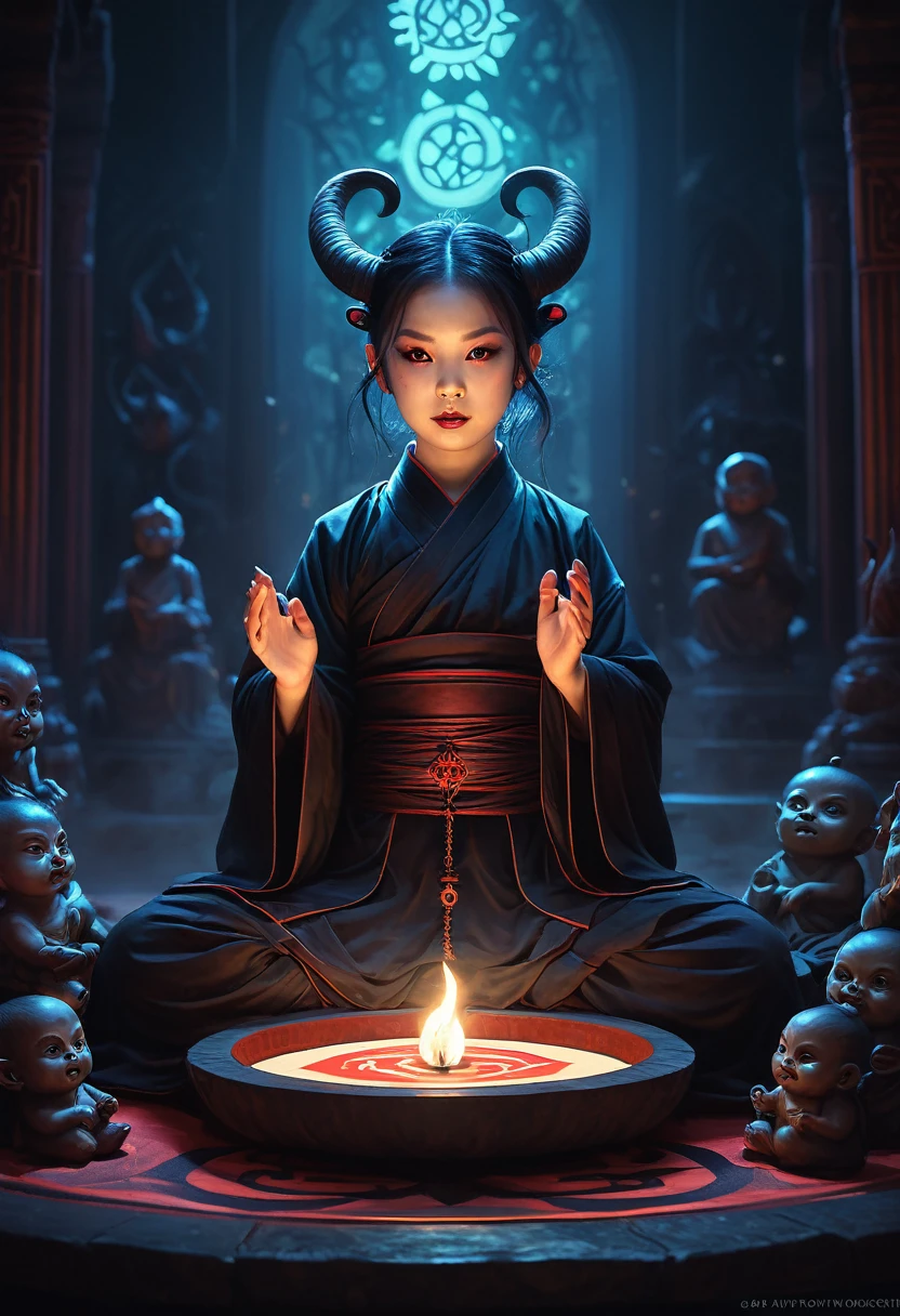 cute, cute, Adorable, (occult:1.3), magic, Demon Summoning, Demonic Possession, Satanism, Buddhism, Great lighting, Soft Shade, Atmospheric lighting, Greg Rutkowski、Stanley Artgerm、Lau Wropp、Lost Draw、Art Station、Painting by CG Society 