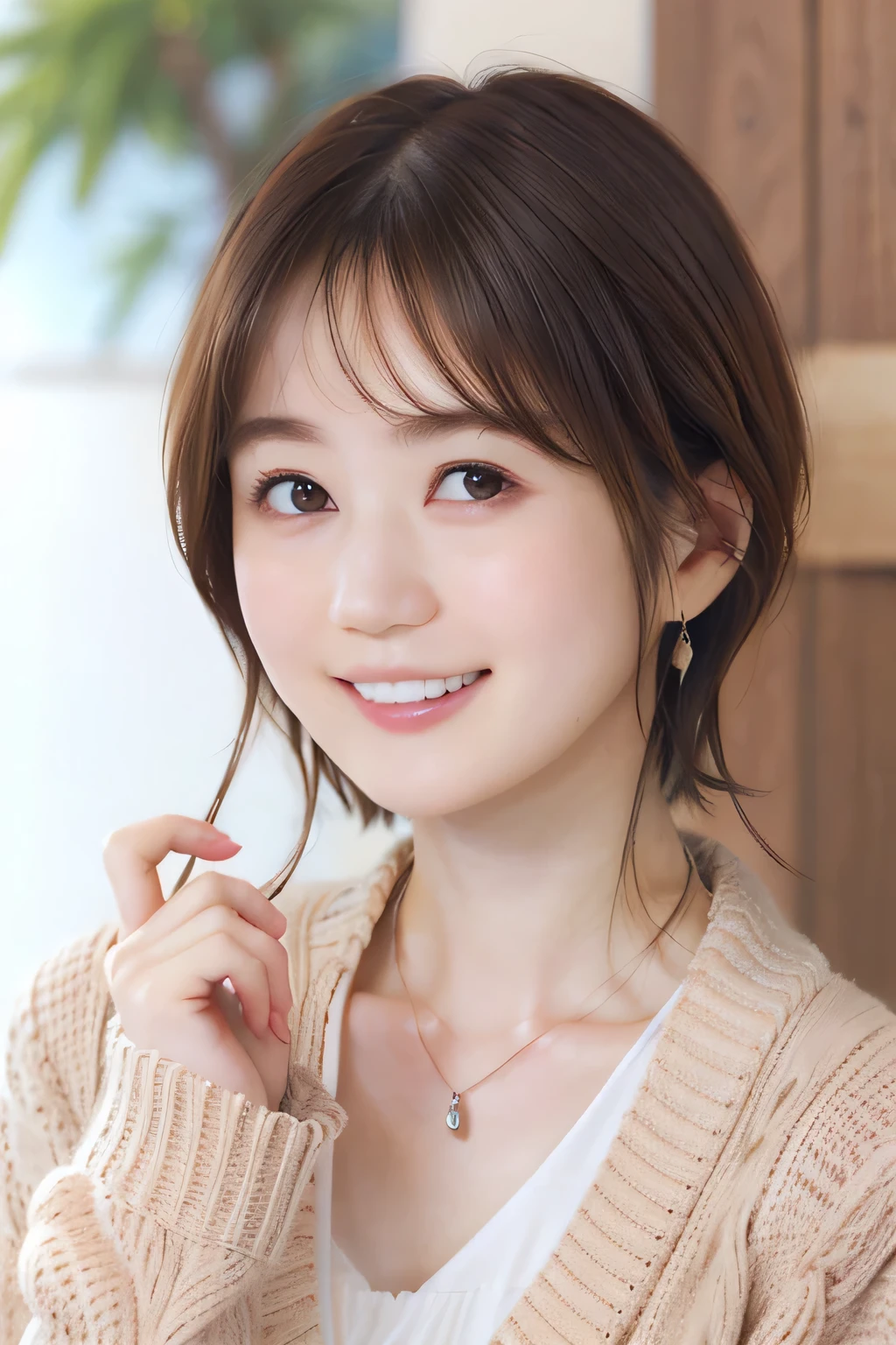 205 ((short hair)), 20-year-old female, In underwear、Put on a cardigan、 A refreshing smile、Open your mouth、Beautiful teeth alignment、Brown Hair、ear piercing、Necklace around the neck、Dynamic Angle口にマスク