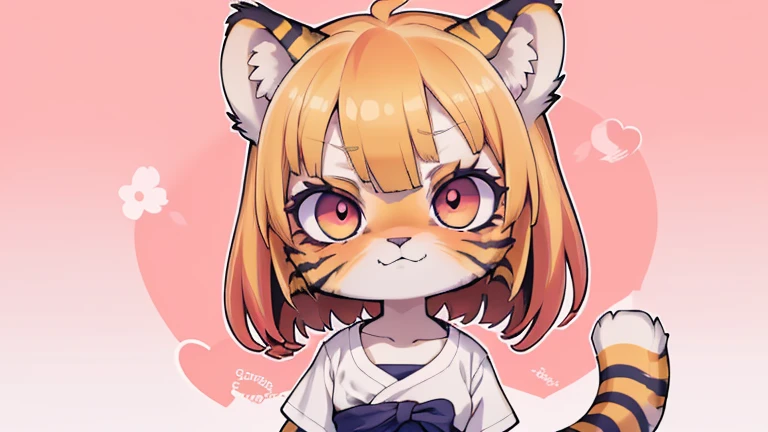 (obra maestra, Alta calidad, mejor calidad, 8K, high resolution), ((estilo chibii, Chibi lindo)), (solo, 1 girl), {Tiger Girl, cara de tigre, 2 colmillos, long eyelashes, delineador de ojos} {bigotes de tigre}, (((Piel de tigre por todo el cuerpo., Rayas de tigre en el cuerpo.))), (pelo naranja), cabello corto, Pinza para el cabello, [[Pinza para el cabello white flower on hair]], ((Muy feliz)), ((boca abierta)), ojos naranjas, [pupilas negras], ((buscando)), (very small breasts), brazos delgados, (un brazo arriba, un brazo hacia abajo), axilas, ((mini camiseta rosa, camiseta rosa completa)), {shorts blancos}, {{{mini cola de tigre, Cola en la espalda}}}, (cuerpo completo), (((de pie, jump angle))), dynamic pose, Fondo blanco, fondo sencillo, ((((Estilo Tora-chan no Hanayome)))), (old anime style 40s), estilo animado, anime color.