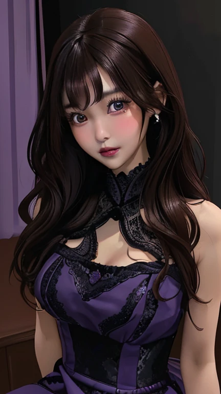 Masterpiece ,ultra detailed ,8k resolution ,relistic ,solo, beautiful Asian woman, long curly black-brown hair, facing the side, face looking at the viewer, wearing a tight purple dress, dress open, black lacy CD visible, medium breasts.