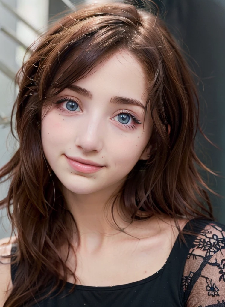 , beautiful face, (emily rudd 2.0), cute, black long hair, perfect skin, blue eyes, smiling, black eyes makeup, bare shoulders, black lace corset, big breasts, portrait picture, 2K, high definition, extreme detail, HDR, 