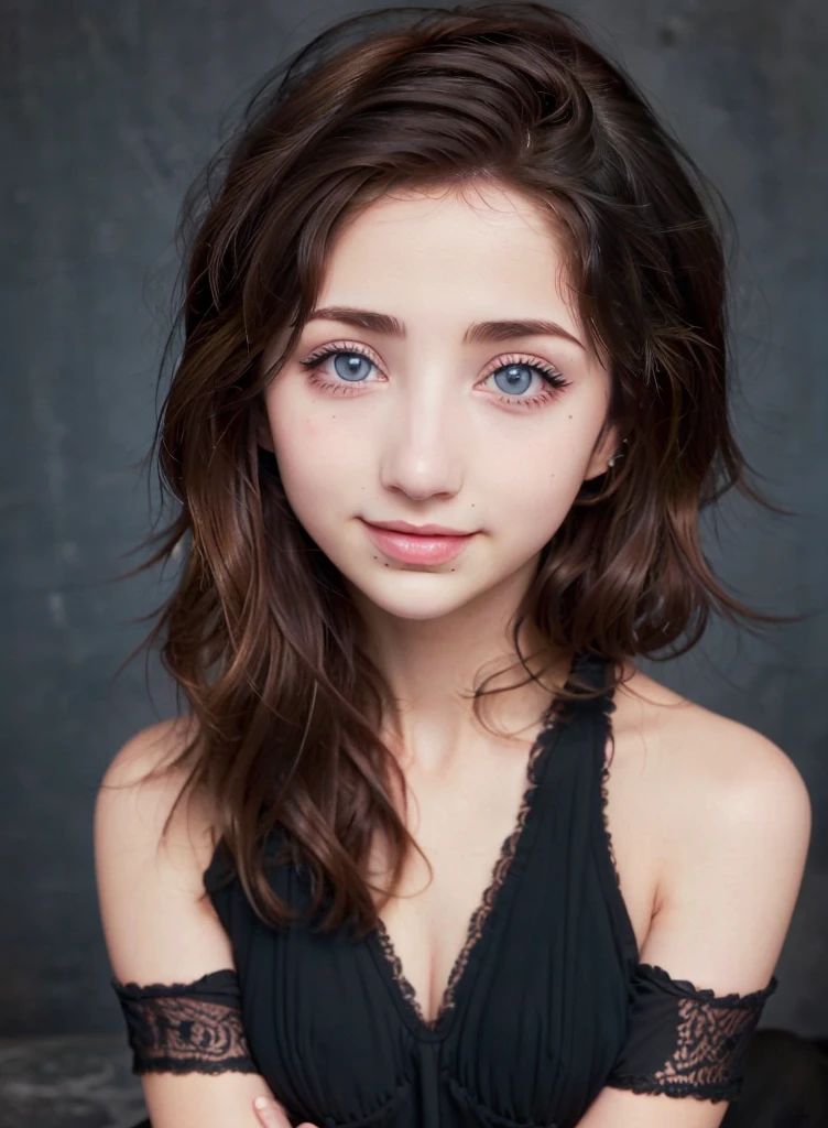 , beautiful face, (emily rudd 2.0), cute, black long hair, perfect skin, blue eyes, smiling, black eyes makeup, bare shoulders, black lace corset, big breasts, portrait picture, 2K, high definition, extreme detail, HDR, 