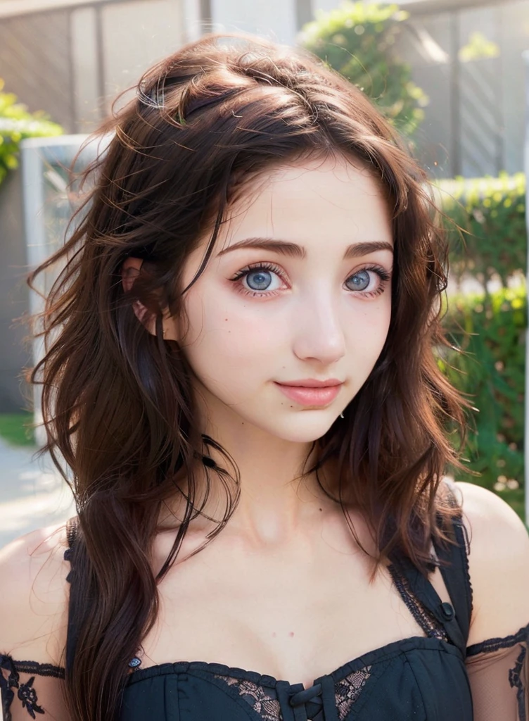 Teen girl, beautiful face, (emily rudd 2.0), cute, black long hair, perfect skin, blue eyes, smiling, black eyes makeup, bare shoulders, black lace corset, big breasts, portrait picture, 2K, high definition, extreme detail, HDR, 