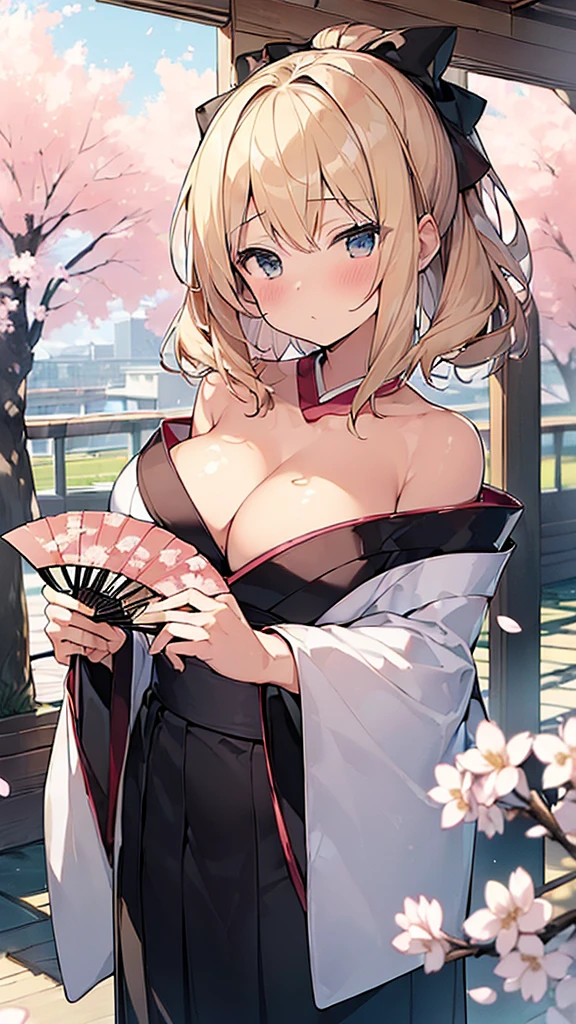 (Masterpiece, Top quality: 1.5), upper body , (holding a big folded fan:1.3), dynamic pose, 1 beautiful girl, solo, blond hair, (kimono :1.3), off shoulder, medium hair, wave hair, (junior high school student:1.2), cleavage, medium breasts, standard weight, (blush:1.2), Beautiful scene of cherry blossom trees, magnificent panorama view, SakuraFubuki:1.2