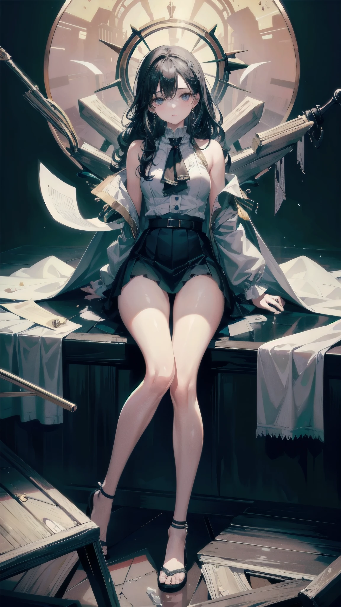 absurd, RAW photos, extremely delicate and beautiful, masterpiece, best quality, Ultra-high resolution, 32k, Surrealism, Extremely detailed, Perfect body, Tear mole, earrings, Full body shooting, Short Medium Long Hair, curls, ((Practical clothing)), long sleeve pirate top, skirt,,