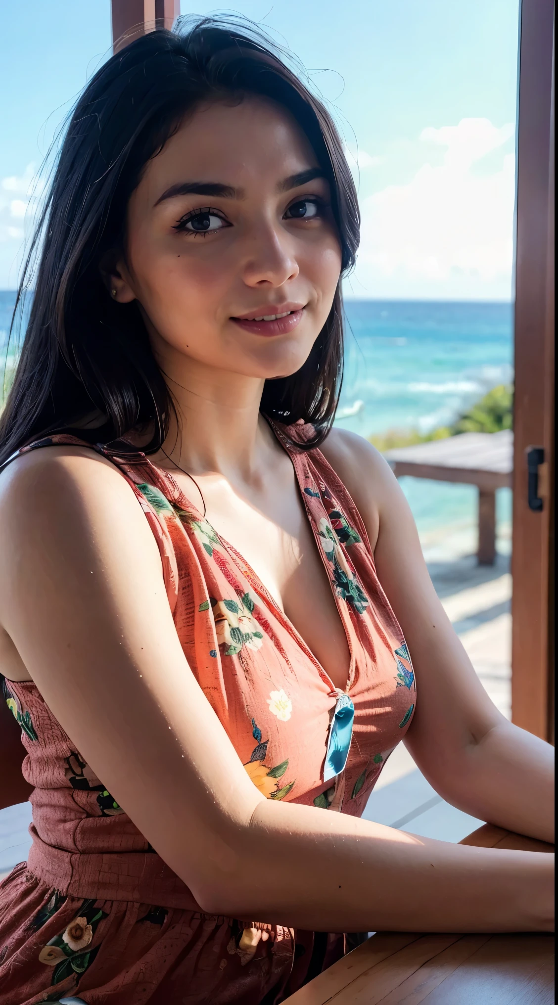 (8k, RAW photo, best quality, depth of field, ultra high res:1.2), (intricate, photorealistic, masterpiece, ultra-detailed), dynamic lighting, a woman in an outdoor restaurant overlooking the ocean, table has food and drinks, candles, vibrant colors, she is styling with a Hawaiian dress, detailed expressive eyes, bright mood lighting,