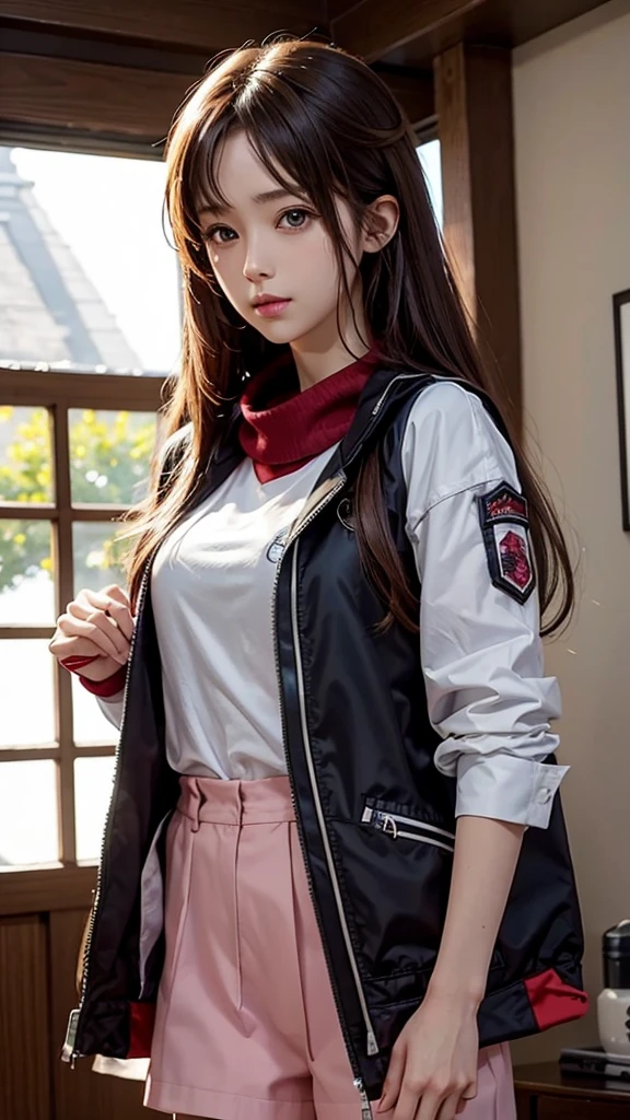 (best quality), (very aesthetic), (ultra-detailed), (best illustration), 1 girl, Solo, GAL, Japanese, long straight hair, light brown hair, black dress shirt, red jacket, cross one's legs and sit on them
