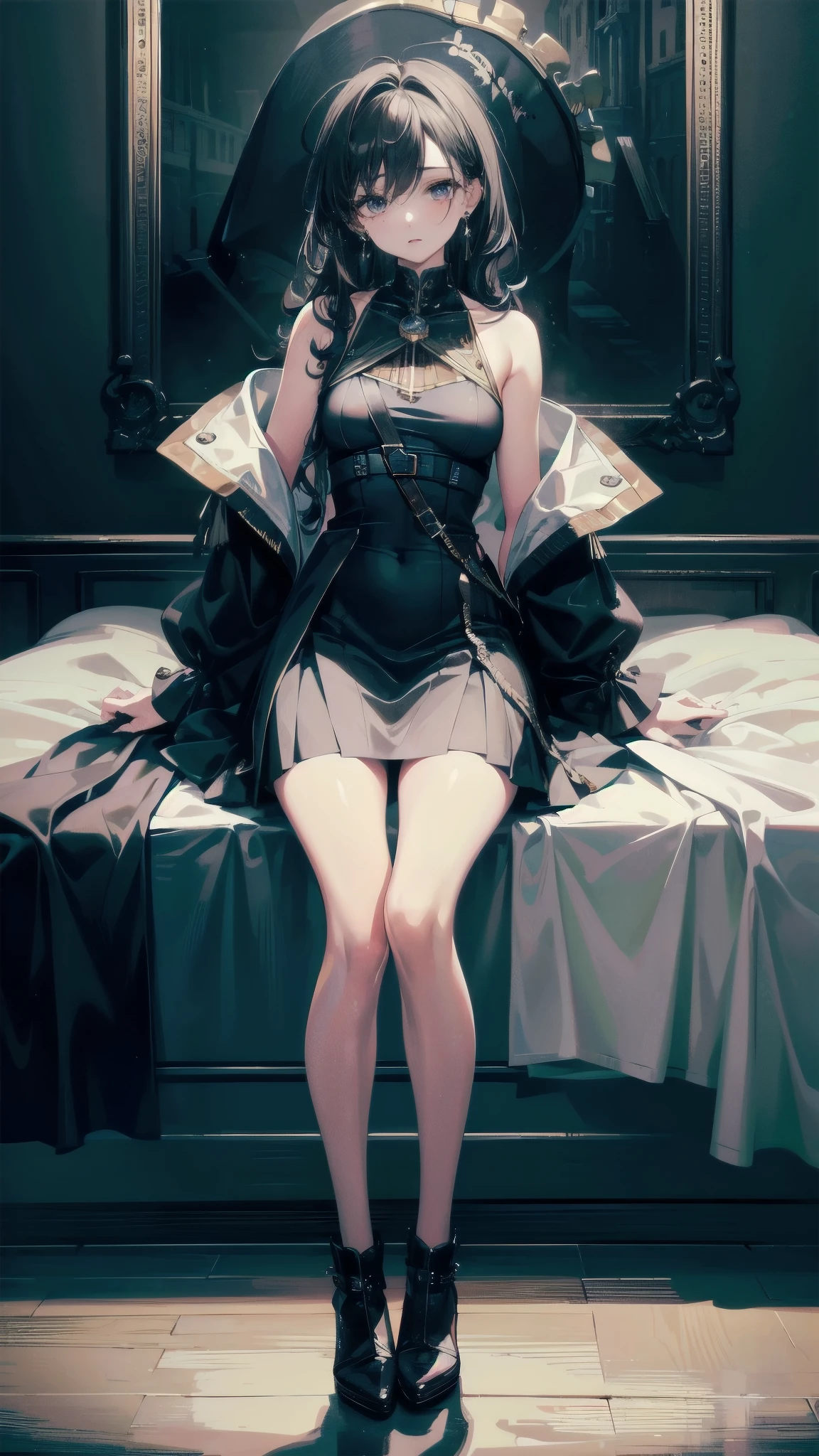 absurdres, RAW photo, extremely delicate and beautiful, masterpiece, Best Quality, ultra high resolution, 32k, hyperrealistic, ultra-detailed, perfect anatomy, anatomically correct, perfect figure, Perfect Style, Perfect balance, super Detailed skin, in her 30s, very Slim body, narrow waist, very small head, very small face, delicate facial features, handsome detailed woman, very detailed eyes and face, realistic face proportions, Realistic beautiful face, Realistic beautiful eyes, tearful mole, earring, huge tits, full body shot, bare legs, medium hair, indoor, a dark mysterious black market trader, trending trenchcoat,