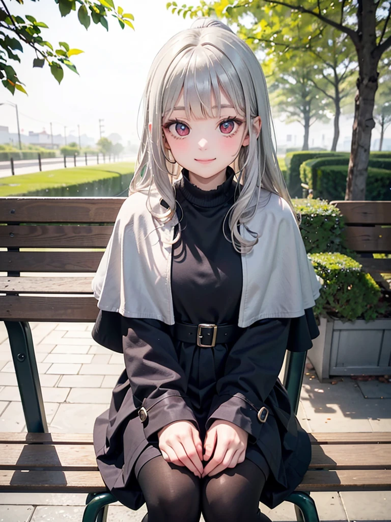 (​masterpiece),(top-quality:1.2),((perfect anatomy)),((perfect fingers)),(correct hands:1.2),(1 girl),(flat chest),Highest quality,(silver hair),ponytail hair,blunt bangs,looking at viewer,beautiful detailed red eyes,black and white capelet fashion,cowboy shot,anime style,morning mist and tranquility in the park,sitting on bench,from above, beautiful smile,film lighting,depth of written boundary,bokeh