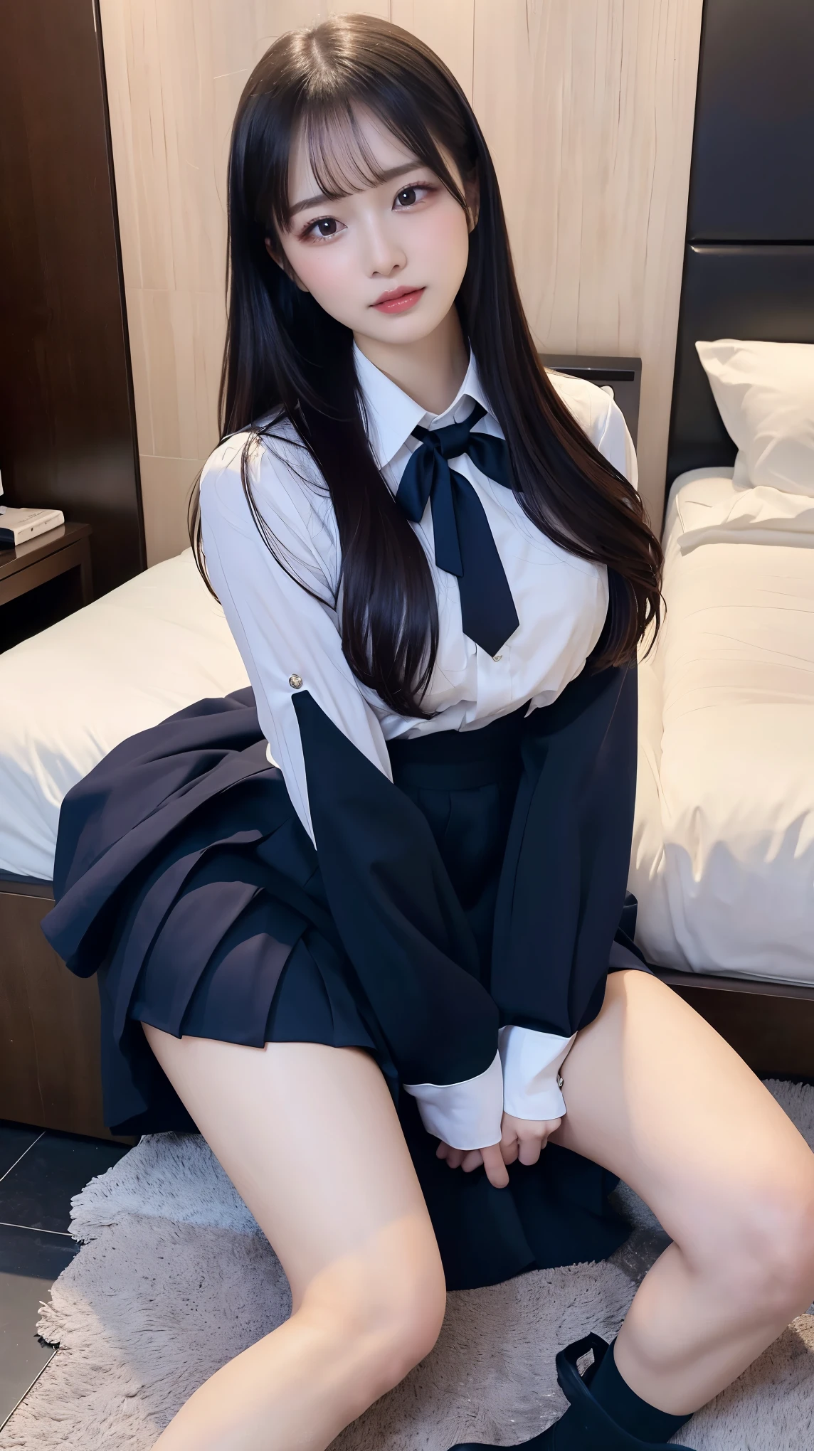 (8K, Raw photography, top-quality, ​masterpiece:1.2),  One Woman、Japan at the age of 18,（Realistic Skins 1.4） 、（（（hi-school girl、Wearing a school uniform、put on glasses、）））（（Smaller chest、small tits、））、（Black stockings、high-heels、）、50mm Lens、30mm film、（Long Bob、bobhair、）（A dark-haired、The forehead is hidden by bangs、）、Black eyes、shinny skin、Skin shiny with sweat、Beautiful delicate face、Beautiful delicate eyes、bbw、Voluptuous body shape、Thicker thighs、One piercing in each ear、simple background、Gray background、