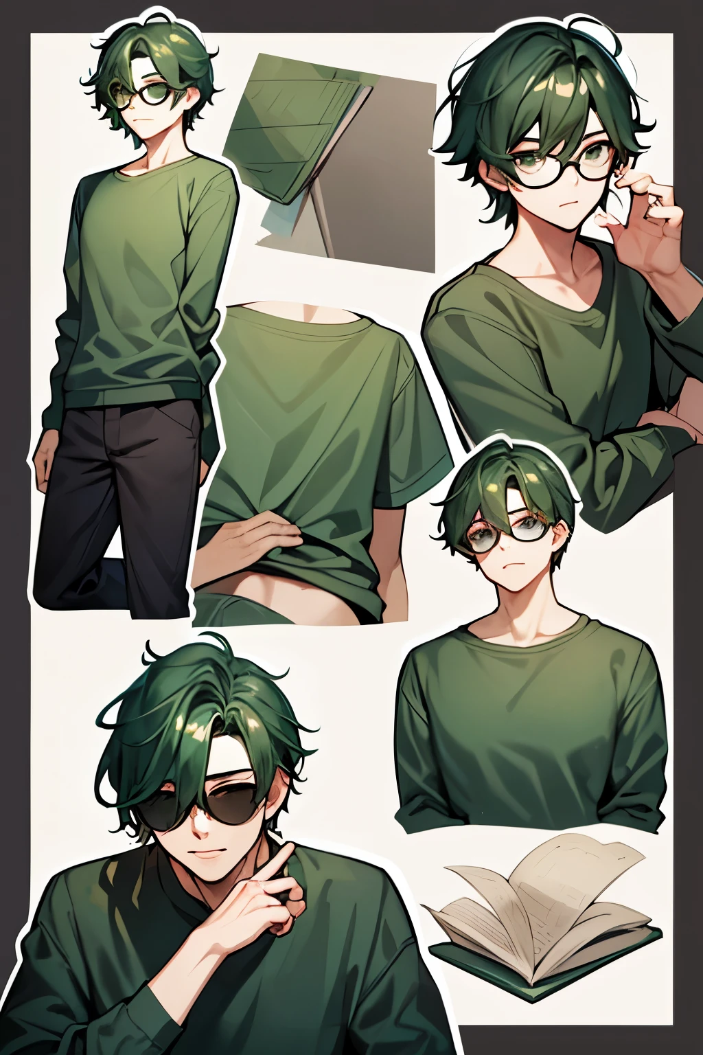 Male character role table, Wearing a dark green shirt, Black square frame glasses, Green Hair，The lines are obvious。