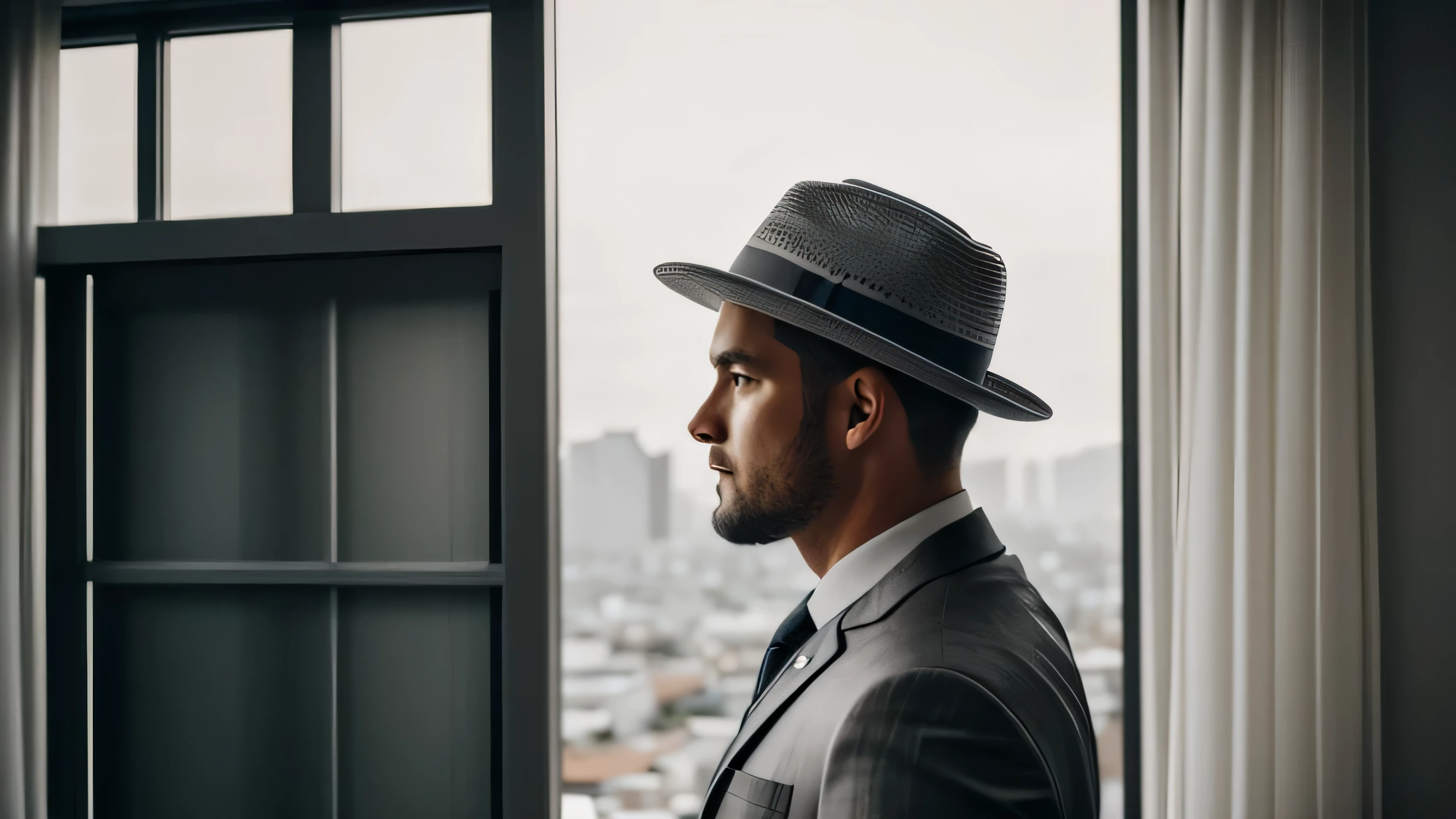 man in gray suit looking and fedora hat looking at window, back light