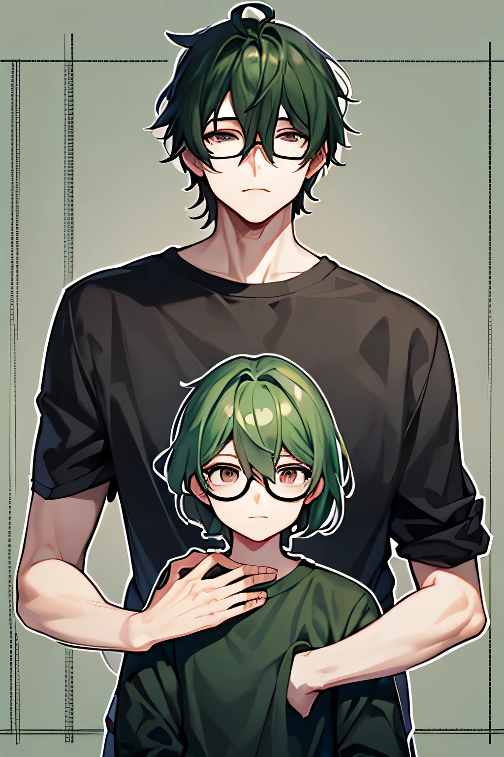 <lora:bigsislitbro_cpt_v01.10.10.02:1>, bigsislitbro, girl and boy, 1girl, long hair, dark green hair, breasts, t-shirt, 1boy, shot hair, hoodie, green hair, size difference, outdoors