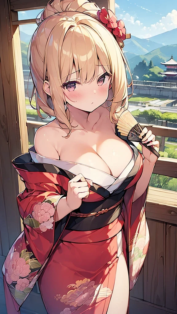 (Masterpiece, Top quality: 1.5), upper body , (holding a big folded fan:1.3),  dynamic pose, 1 beautiful girl, solo, blond hair,  (kimono :1.3), off shoulder, medium hair, wave hair, (:1.2), cleavage, medium breasts, standard weight, (blush:1.2), Beautiful Scenery of Kyoto, magnificent panorama view