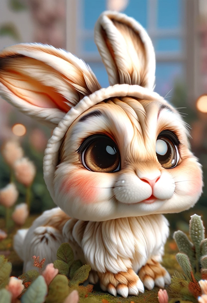 A cute and sweet rabbit with enormous rabbit ears, hyperdetailed 8K, portrait, realistic, highly detailed, adorable, soft fur, tender expression, warm lighting, detailed facial features, large expressive eyes, detailed whiskers, intricate details, natural setting, lush foliage, photorealistic, masterpiece, best quality