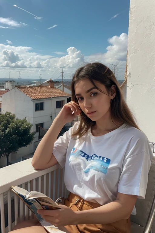 una mujer con una blusa escotada, Caucasian complexion, piel blanca, cabello naranja fluorescente de nacionalidad irlandesa, pelo largo, sentado en una mesa con un libro, a cup of coffee and a bowl of cereal in front of her on a balcony, Mirando al espectador , Viento, Photo art, analytical blue sky art, cielo nublado, power lines, postes de electricidad,
obra maestra, mejor calidad, detalles intrincados, artistic photography