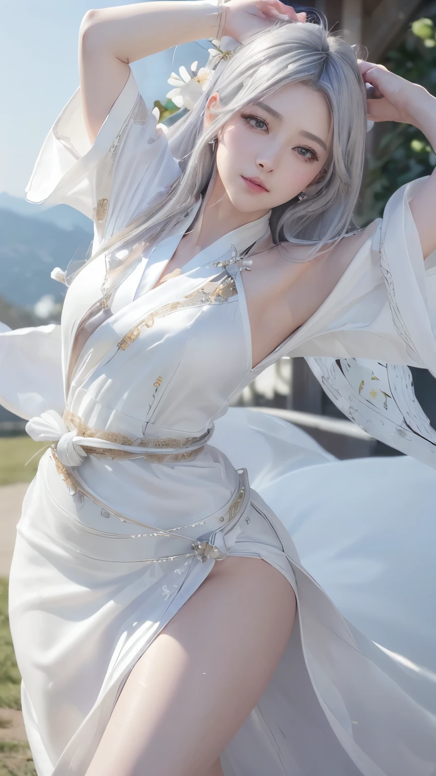 ((masterpiece:1.5,Highest quality,Highly detailed images,Beautiful images、Realistic、Photorealistic、2.5D))(1girl, 独奏)(medium breasts, white hair, black eyes, Healthy legs、Tight ass、Beautiful cleavage)(Fantasy dresses、Fantasy Costume: Battle Dress from Another World)(wind, floating hair)(Empire、Audience Chamber、Hall々A pose)