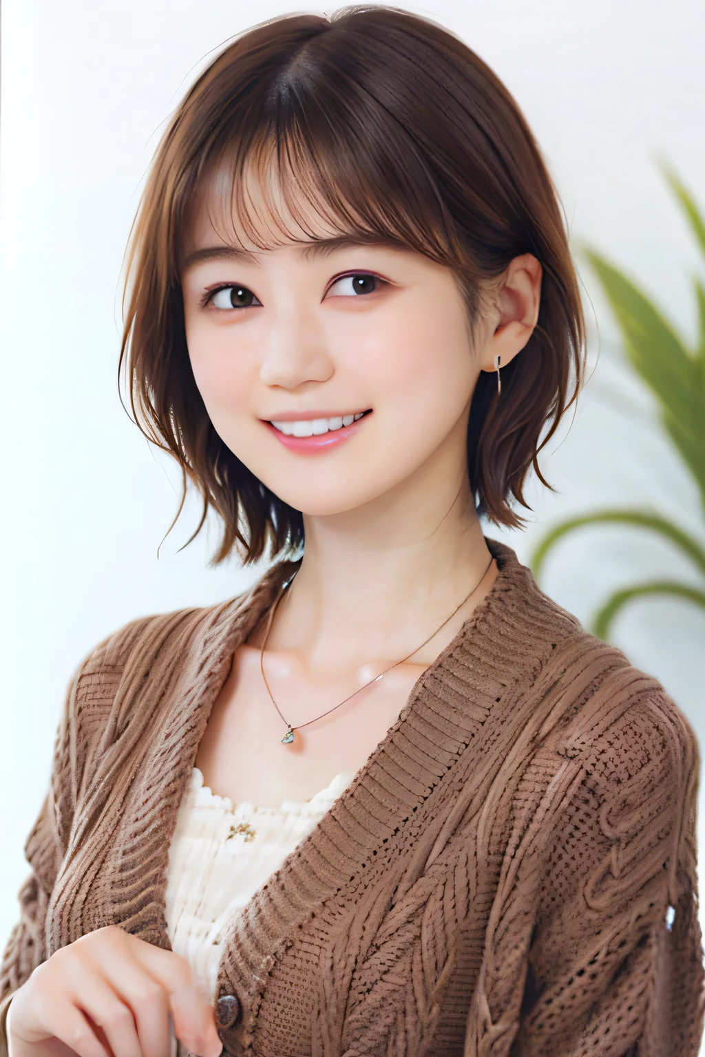 205  ((short hair)), 20-year-old female, In underwear、Put on a cardigan、 A refreshing smile、Open your mouth、Beautiful teeth alignment、Brown Hair、ear piercing、Necklace around the neck、Dynamic Angle口にマスク