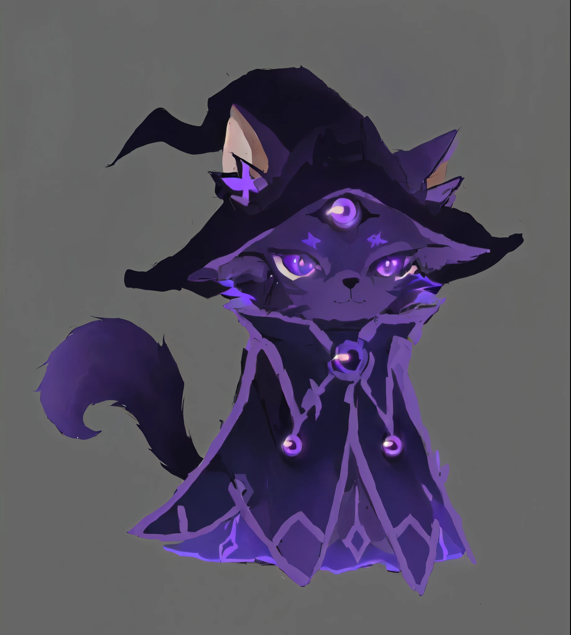 Wearing a witch costume、Cartoon cat wearing a hat and tail, cat witch, black fox mage, Dark Witch Character, Mysterious art style, drawn in mystical style, witchcraft, Star witch clothes, evil wizard, dark robed witch, With sparkling purple eyes, wireless, Adaptable personality, Fashion Dark Witch, The eyes glow