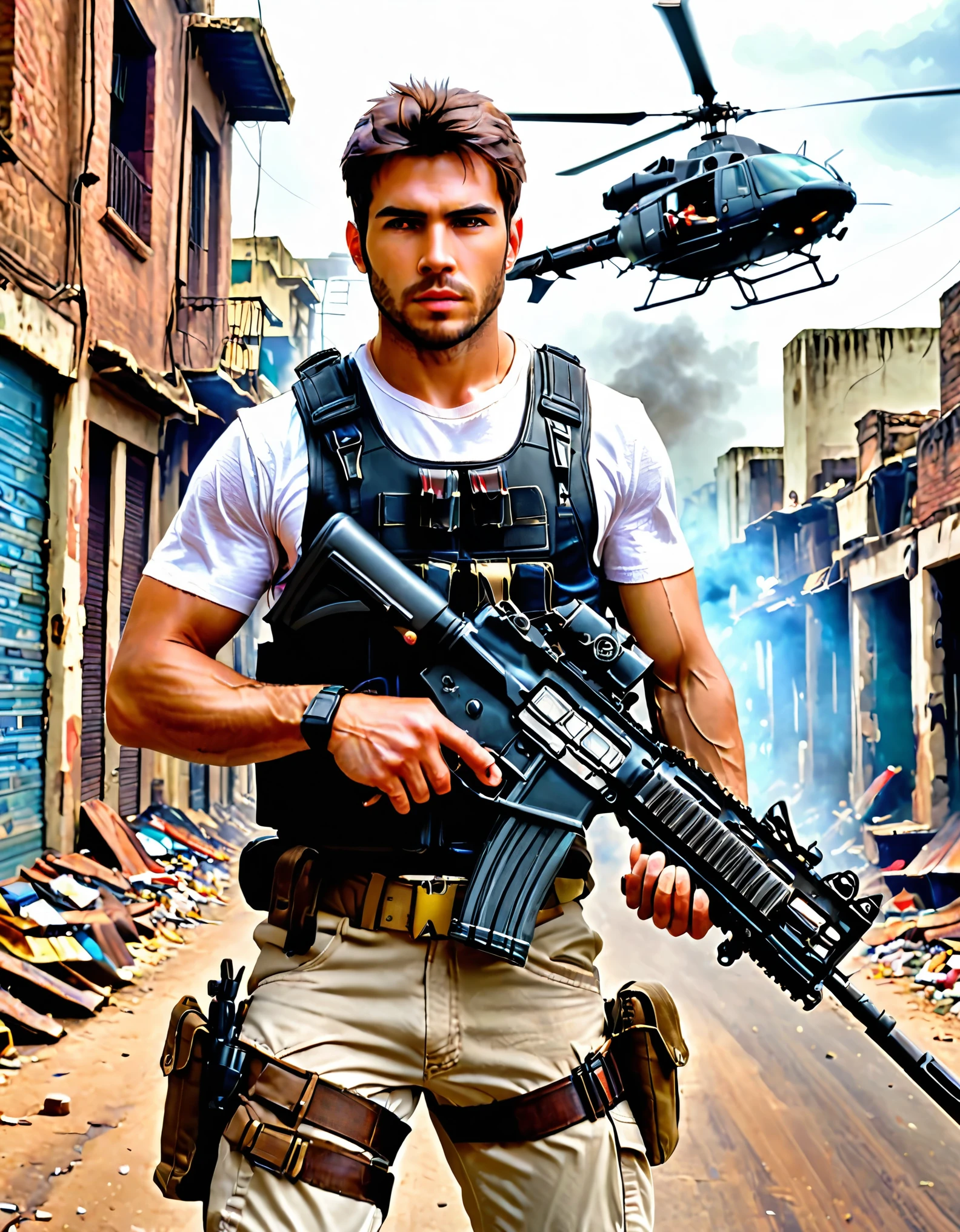 solo, solo focus, mercenary, best quality, hispanic, male focus, holding an assault rifle, brown hair, hazel eyes, load-bearing vest, ammunition belt, danger atmosphere, bombay street backdrop, treasure trove, combed back hair, white t-shirt, combat boots, matching boots, outdoors, ((helicopter hovering above))