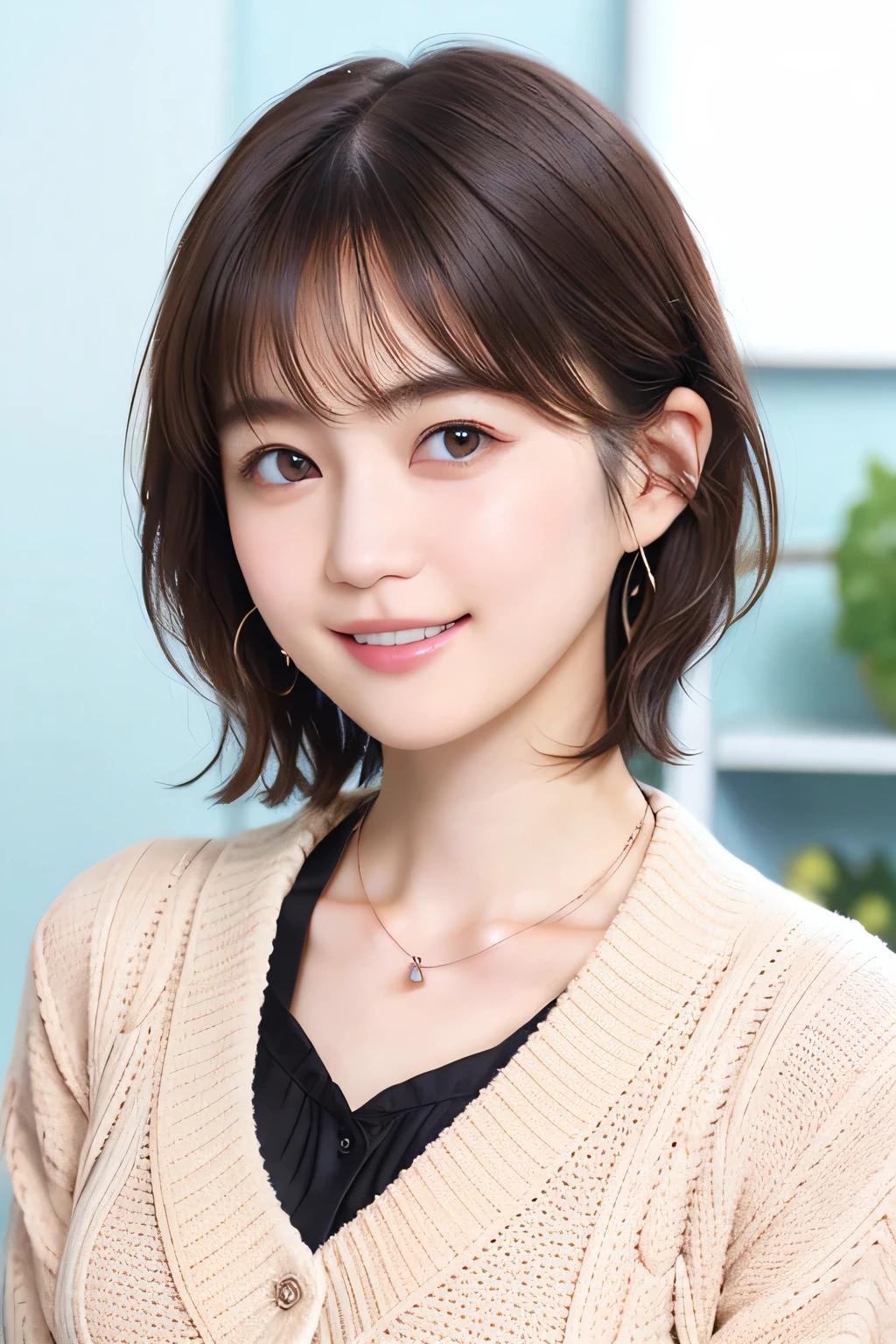 205  ((short hair)), 20-year-old female, In underwear、Put on a cardigan、 A refreshing smile、Open your mouth、Beautiful teeth alignment、Brown Hair、ear piercing、Necklace around the neck、Mask on mouth