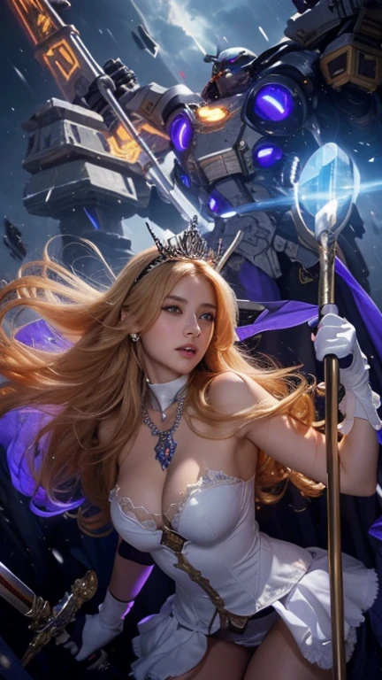 (lifelike, high - resolution:1.3),1Indonesian_girl_face with a perfect body, Super fine face and eyes,long hair, mecha, robot, holding, holding_weapon, breasts, weapon, white_dress, wet body, silky breasts, silky body, wet skin, dark nipples, gloves, large_breasts, holding_sword, sword, white_dress, staff, cleavage, jewelry, glowing, purple_eyes, long_hair, orange_hair, hair_behind_ear, white_gloves, elbow_gloves, tiara, holding_staff, v-fin, science_fiction, looking_at_viewer, necklace, big boob,Expose cleavage , solo, long_hair, thighhighs, breasts, gloves, blonde_hair, fingerless_gloves, cleavage, very_long_hair, boots, bow_(weapon), breasts, solo, cleavage, holding_weapon, vambraces, parted_lips, large_breasts, feathers, large_breasts, looking_at_viewer, cleavage_cutout, skirt, garter_straps, weapon, large_breasts, clothing_cutout, full_body, Super fine face and eyes,long hair, Tank top over low claveage :1.2, big boob,Expose cleavage