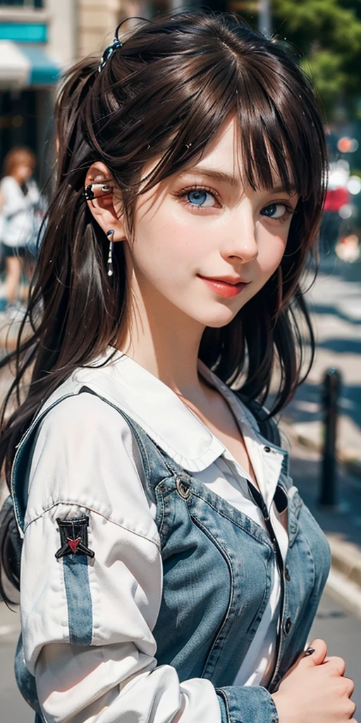 "portrait of full body the side and front of an goth punk european girl with brown hair,nice smile, sharp facial features, tunnels in the ears, earplugs, short hairstyle with a hairpin, a hairpin on the bangs,bright blue eyes color,bright shining white skin, sharp chin, face." 20years old on the street,(photorealistic), best quality, realistic, real picture, intricate details, depth of field, highly-detailed, perfect face, lips, Fujifilm XT3, RAW photo, 8k, crisp, sharp, sunny day