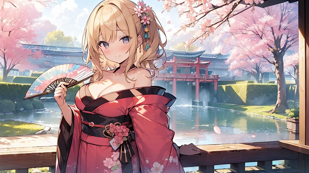 (Masterpiece, Top quality: 1.5), upper body , (holding a big folded fan:1.3), dynamic pose, 1 beautiful girl, solo, blond hair, (kimono :1.3), off shoulder, medium hair, wave hair, (junior high school student:1.2), cleavage, medium breasts, standard weight, (blush:1.2), smile, Beautiful scene of cherry blossom trees, magnificent panorama view, SakuraFubuki