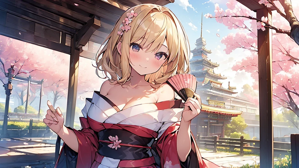 (Masterpiece, Top quality: 1.5), upper body , (holding a big folded fan:1.3),  dynamic pose, 1 beautiful girl, solo, blond hair,  (kimono :1.3), off shoulder, medium hair, wave hair, (junior high school student:1.2), cleavage, medium breasts, standard weight, (blush:1.2), smile, Beautiful scene of cherry blossom trees, magnificent panorama view, SakuraFubuki