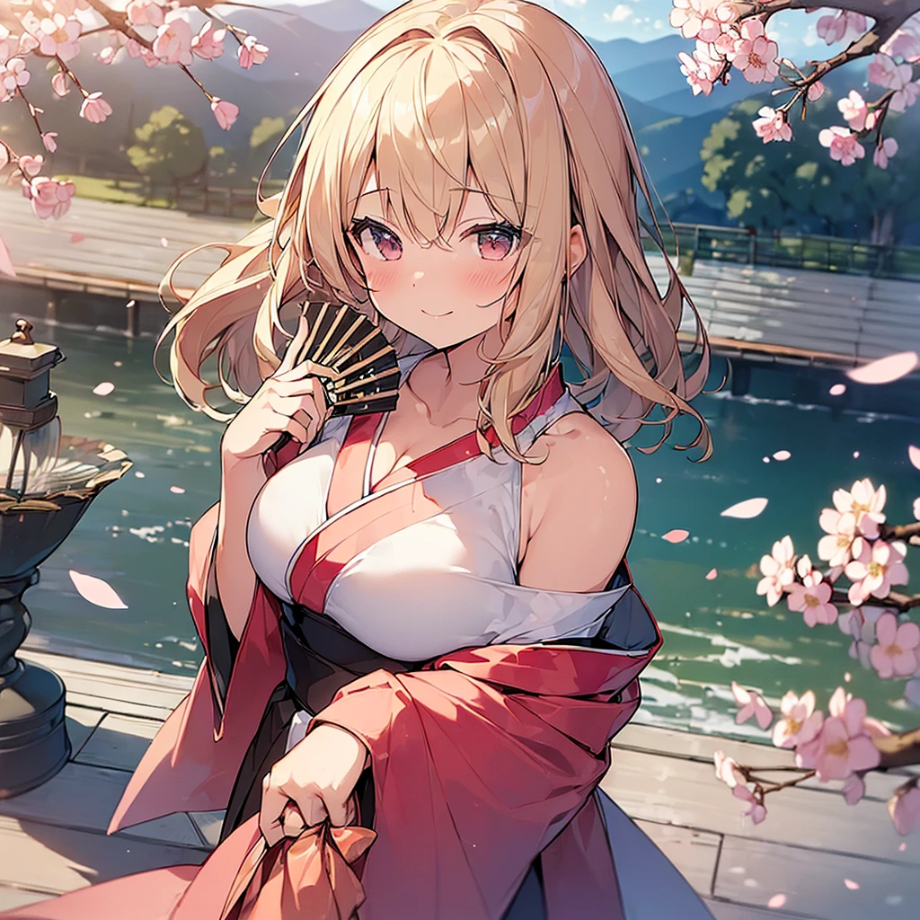 (Masterpiece, Top quality: 1.5), upper body , (holding a big folded fan:1.3), dynamic pose, 1 beautiful girl, solo, blond hair, (kimono :1.3), off shoulder, medium hair, wave hair, (:1.2), cleavage, medium breasts, standard weight, (blush:1.2), smile, Beautiful scene of cherry blossom trees, magnificent panorama view, SakuraFubuki