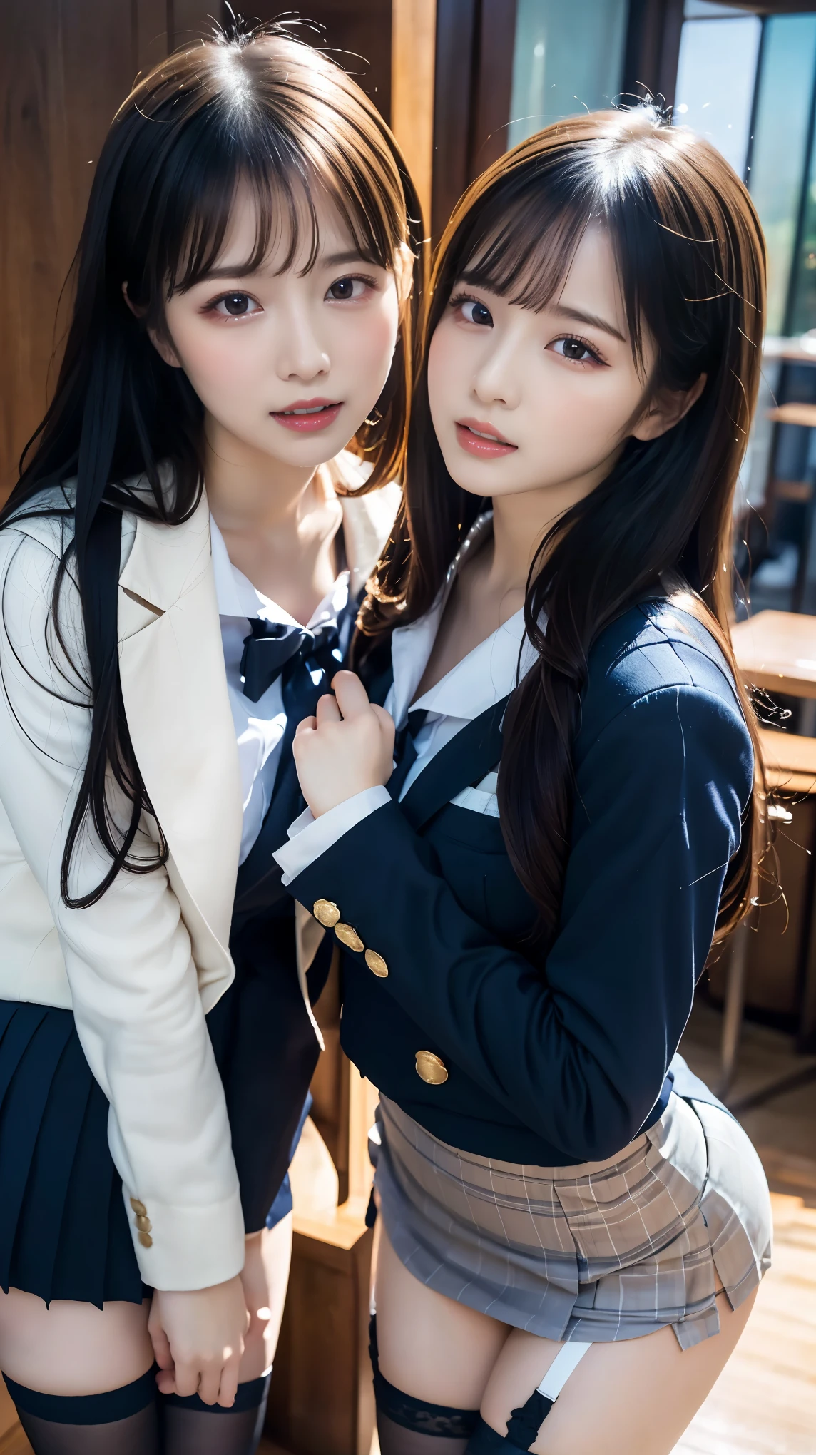 (8k, RAW Photos, highest quality, masterpiece:1.2), masterpiece, highest quality, shape, Very detailed, Fine details, High resolution, 8k,wallpaper, Perfect dynamic composition,(High quality with attention to detail, Realistic depiction of eyes:1.3), ((2 girls, Two high school girls)), The background is a room in a luxury hotel、 uniform、blazer 、Super Short Check Uniform Skirt、Navy blue knee-high socks、garter belt、Huge 、Disheveled uniform, Play with each other,Touching each other's bodies,Touching the body of the girl next door, Short Bob Hair, Black hair color, Huge胸, Big Natural Color Lip, Bold sexy pose, (Perfect shape), Crying a little、Cold Stare, Beautiful Makeup,Glitter makeup,The cutest 18 year old, Beautiful legs, Carving an idol pose, Voluptuous thighs, BREAK ceremony,((Random sexy poses、put in、Deep pleasure, Ecstatic eyes:1.2)), ((I gasp hard:1.2))、Ecstatic face、Climax expression, My whole body is convulsing, Skirt lifts