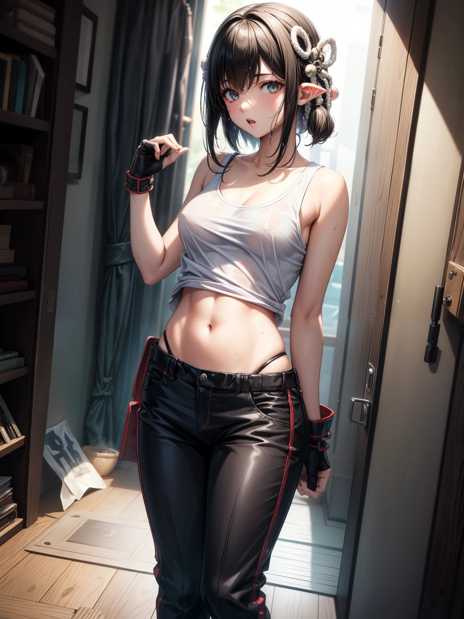 score_9、score_8_up、score_7_up、score_6_up、score_5_up、score_4_up、、solo、One girl、Mikasa Ackerman、White tank top、バギーpants、Fingerless gloves、belly button、pants、w3t、Wet tank top、Wet T-shirt、amrs behind back