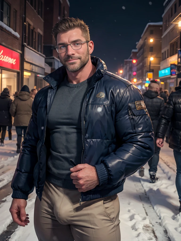 Award-winning original photo,(((2 men))),Men,Wild muscle man, (40-year-old father:1.1), beard, Burly,Macho, blue eyes, Jacket,Big bulge,Excellent J8, Happy look, One of the men wearing glasses, standing on a snow city streets, Cold atmosphere, snow, Embrace, detailed, charming, Close-up of face,Perfect hand details