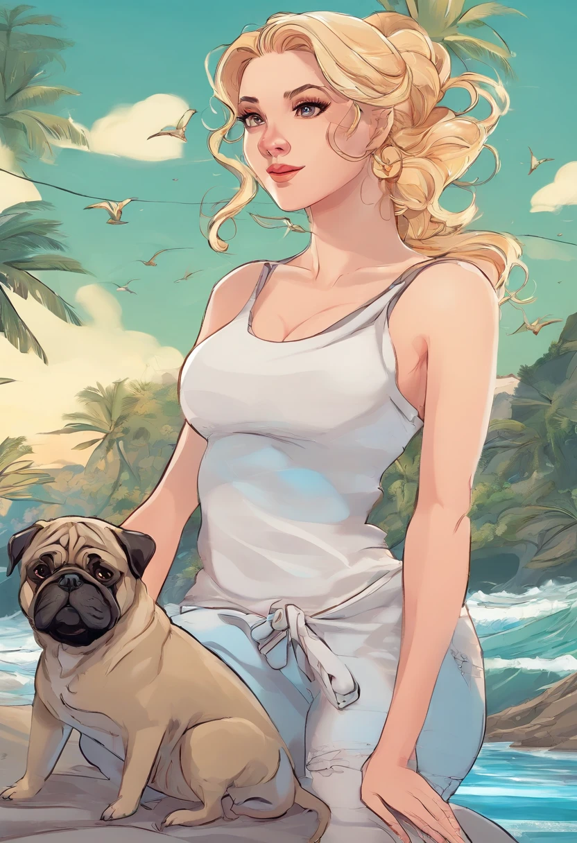 White woman with slim physique., con pelo liso  color cobre  "Lambidos" Backward, with swimsuit , mirando a su perro. usando una camisa de vestir con tirantes. Una playa tranquila con arena blanca que se extiende ampliamente.. un perro pug color gris junto a la chica.animado, dibujos animados, efecto de luz, The lighting is soft, in 3D animation