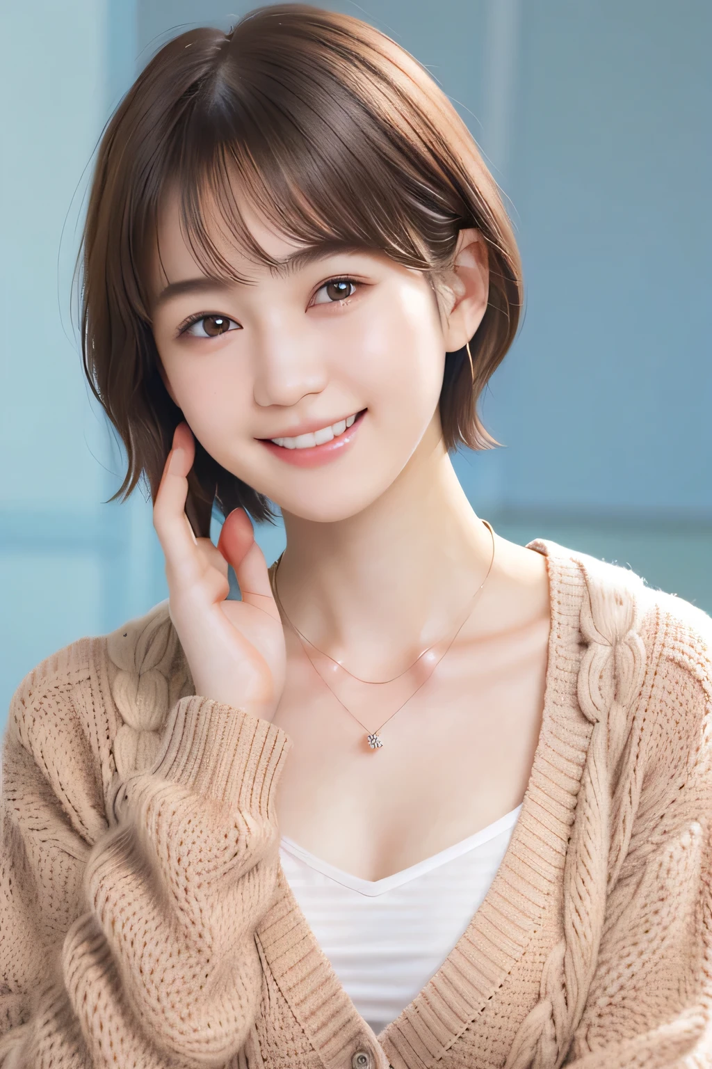 205 ((short hair)), 20-year-old female, In underwear、cardigan、Not through the sleeves、Wear it on your shoulder、 Dynamic Angle、A refreshing smile、Beautiful teeth alignment、、Dark brown hair、ear piercing、Necklace around the neck、Looking into the camera

