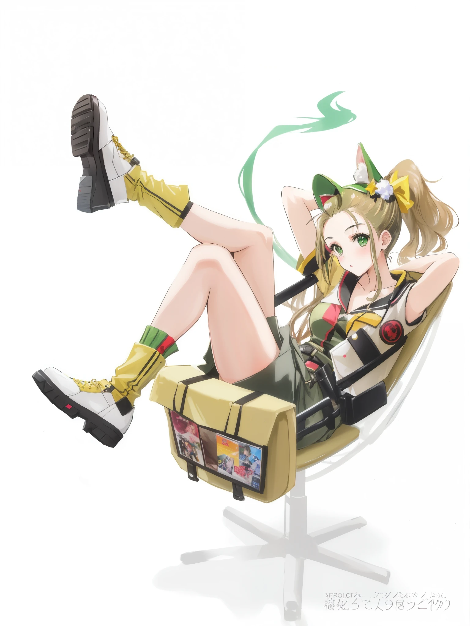 (ponytail forehead hair pulled back:1.3), araffe girl in a green hat and boots sitting in a chair, army girl outfit, 😭 🤮 💕 🎀, 🤬 🤮 💕 🎀, e - girl, e-girl, the anime girl is crouching, kemonomimi, rena nounen style 3/4, ❤🔥🍄🌪, style of macross, official product photo